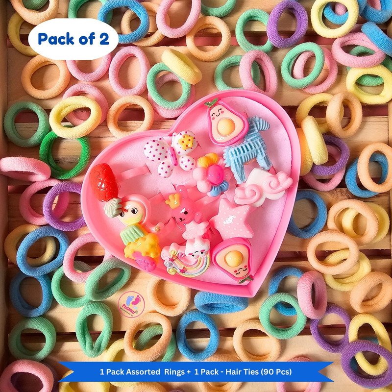 Pastel Mini Hair Ties with Elegant Rings set (Pack of 2, Multicolor) - Puchku.in