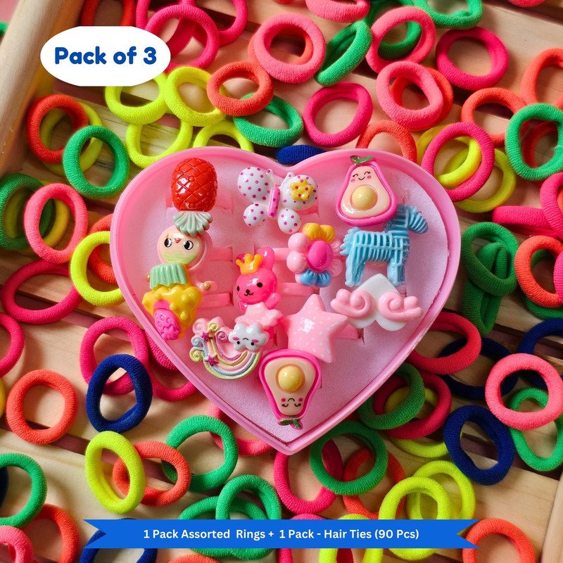 Neon Mini Hair Ties with Elegant Rings set (Pack of 2, Multicolor) - Puchku.in