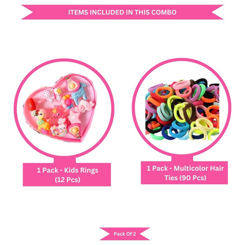 Neon Mini Hair Ties with Elegant Rings set (Pack of 2, Multicolor) - Puchku.in
