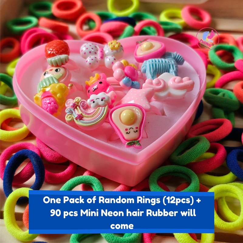 Neon Mini Hair Ties with Elegant Rings set (Pack of 2, Multicolor) - Puchku.in
