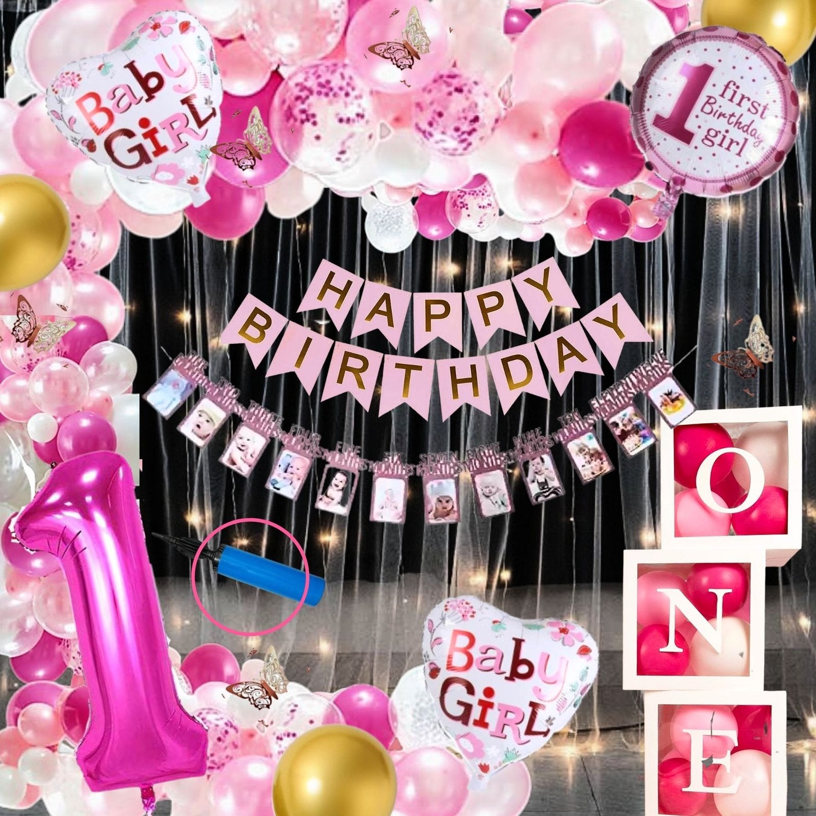 Premium Happy Birthday Combo KIT  Foil balloon Set for first 1st birthday Theme girl kids ( pack of 70,  Multicolor)