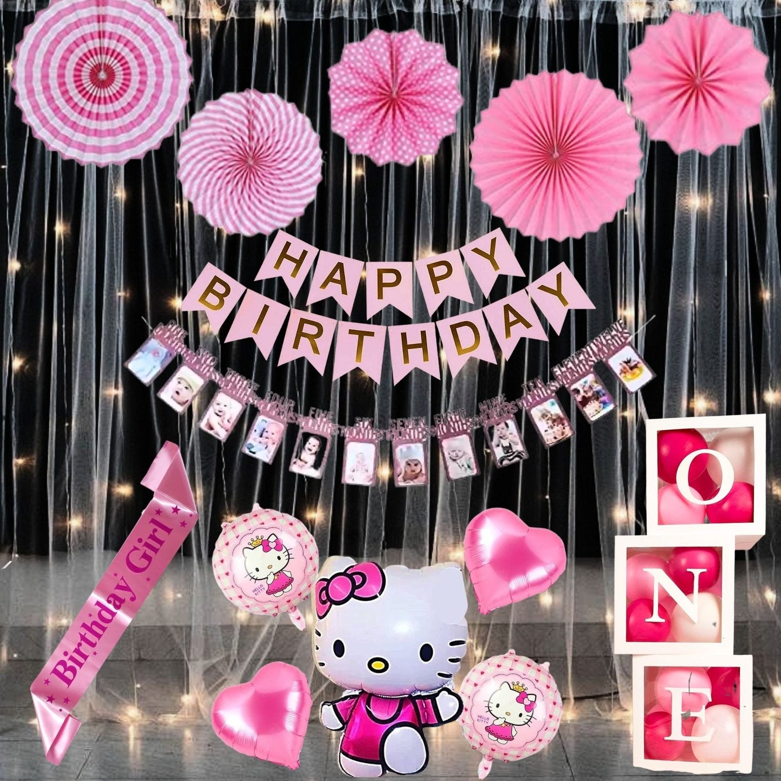 Premium Happy Birthday Combo KIT  kitty foil Balloon Set with sash for first 1st birthday Theme girls kids ( pack of 52 ,  Multicolor)