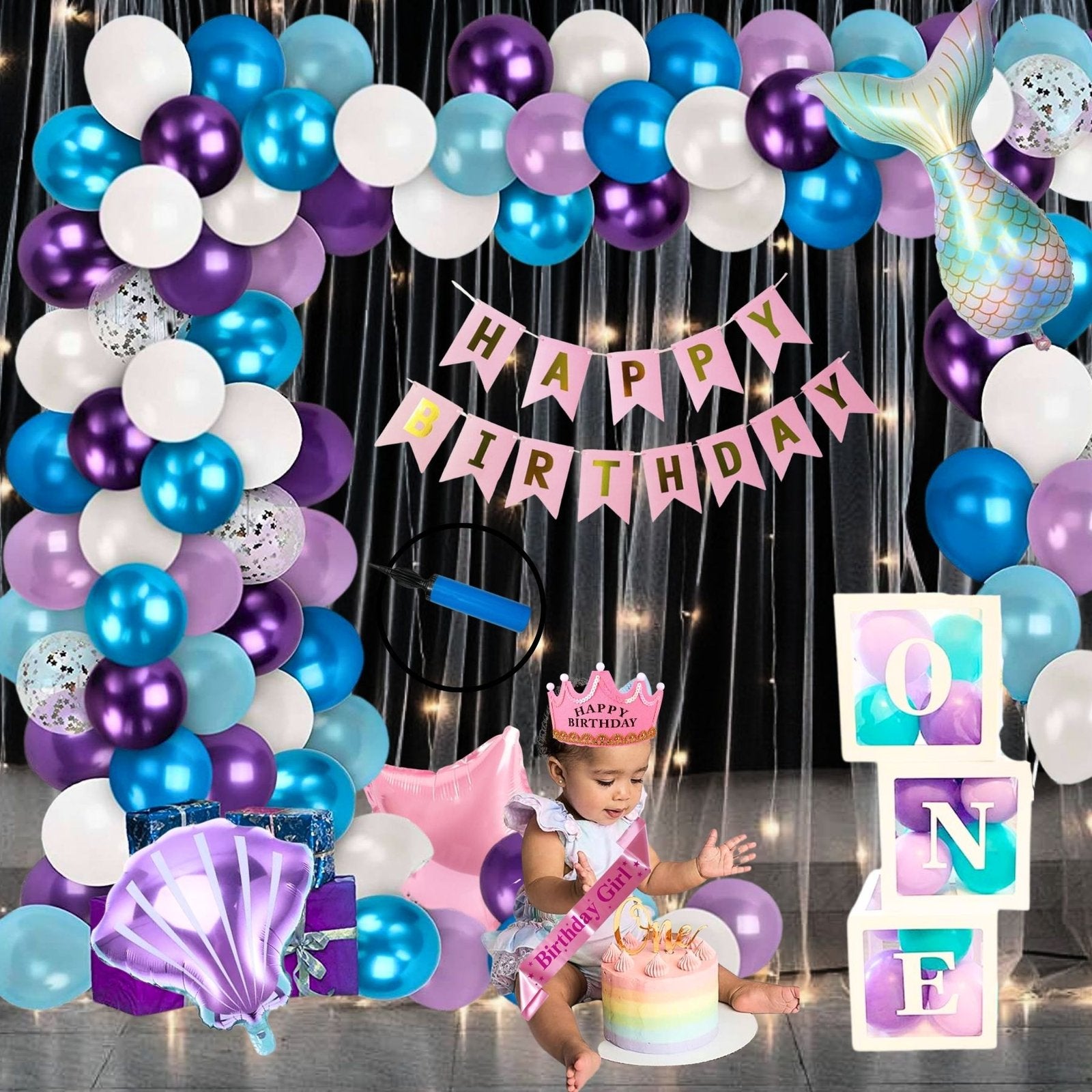 Premium Happy Birthday Combo KIT  Mermaid foil Balloon Set with sash for first 1st birthday Theme girls kids ( pack of 73 ,  Multicolor)
