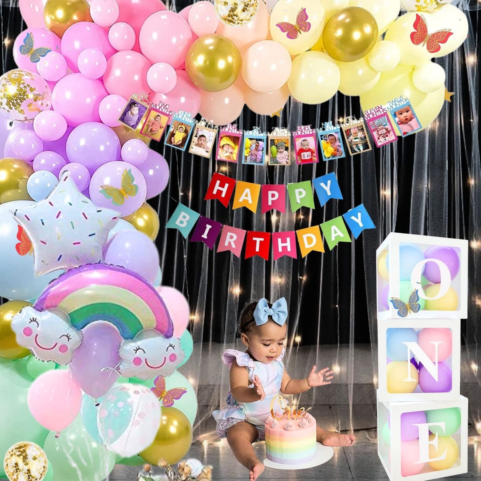 Premium Happy Birthday Combo KIT  Rainbow Foil balloon Set for first 1st birthday Theme girl kids ( pack of 85,  Multicolor)