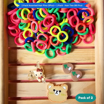 Neon hair Ties with a cute Teddy Bow Flower hair Clip Set (Pack of 2, Multicolor)