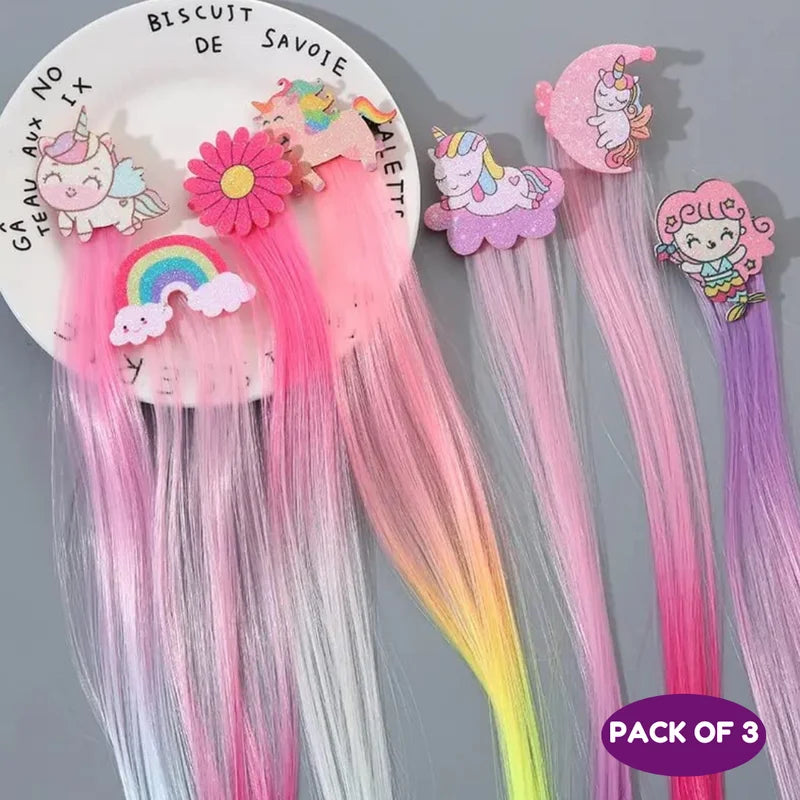 Girls Colorful Braiding Long Hair Extensions for Kids Unicorn Hair Clips Cute (Pack of 3, Random Design) - Puchku.in