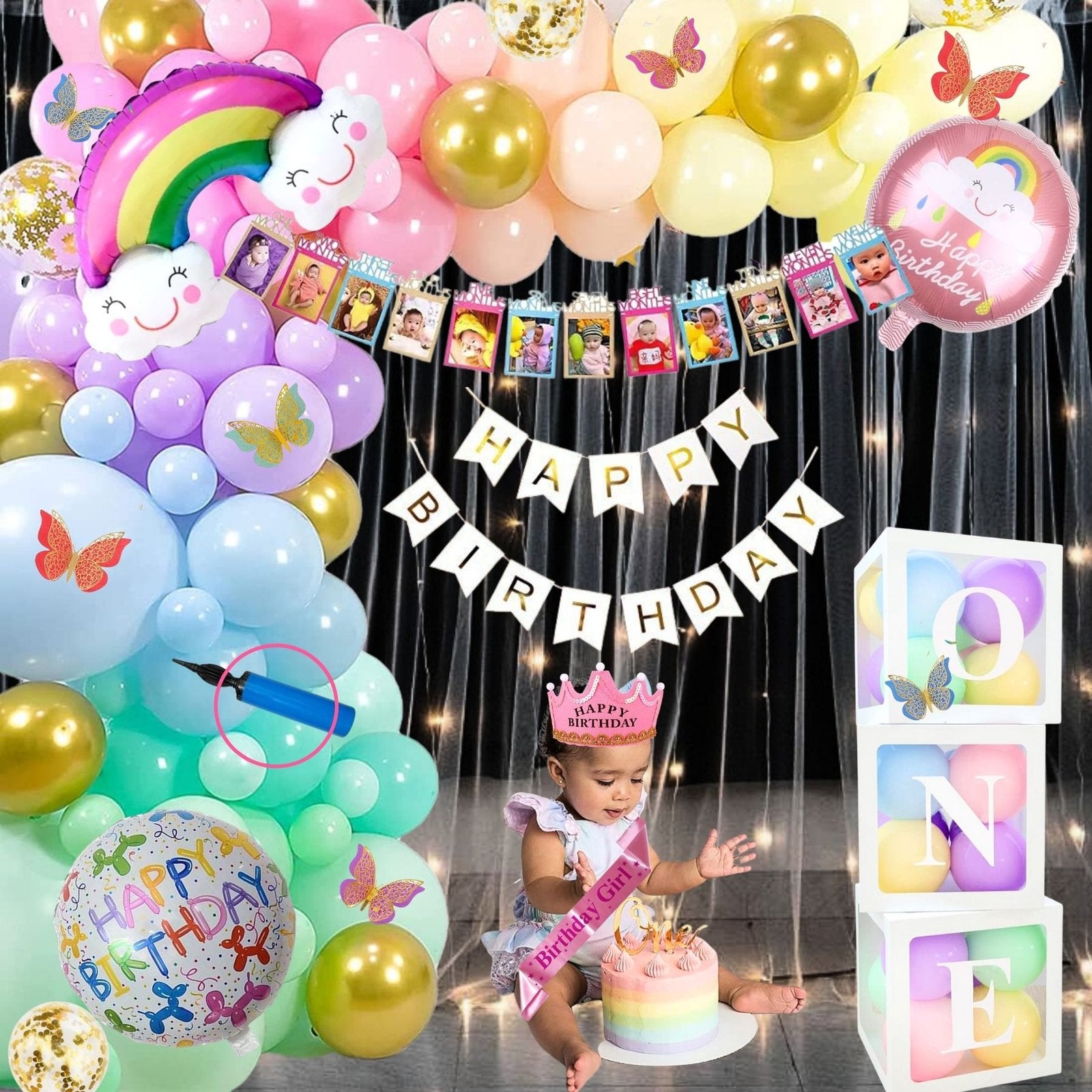 Premium Happy Birthday Combo KIT  Rainbow Foil balloon Set for first 1st birthday Theme girl kids ( pack of 79,  Multicolor)