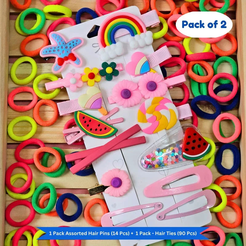 Neon Mini Hair Ties , Unicorn Rainbow Flower Butterfly Hair Clip Pins (Pack of 2, Multicolor) - Puchku.in