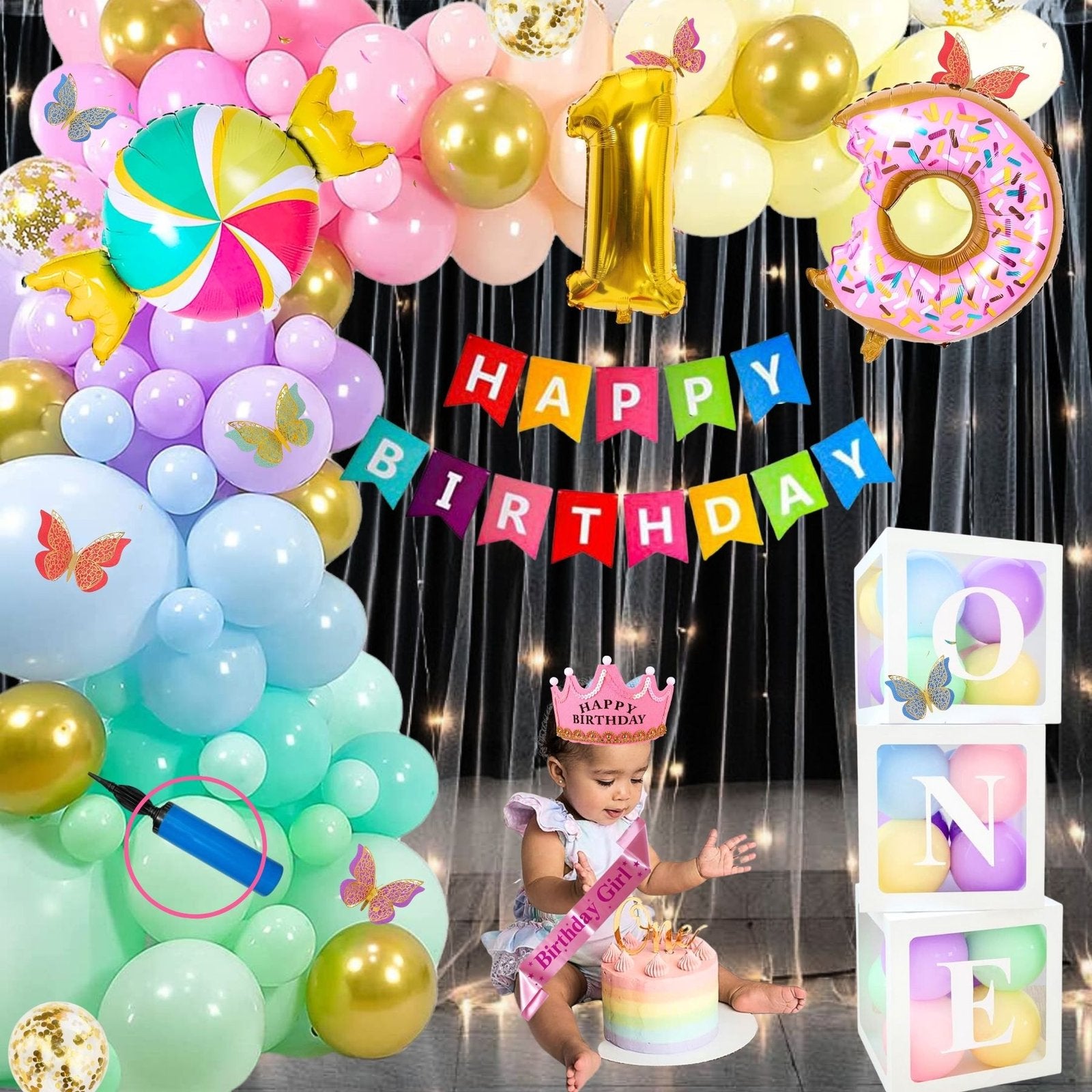 Premium Happy Birthday Combo KIT  Donut Foil balloon Set for first 1st birthday Theme girl kids ( pack of 79 ,  Multicolor)