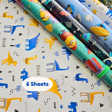 Mix Prints Gift Wrapping Paper for Gift Wrap (Random Boys Theme Design , 6 Sheets)