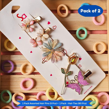 Pastel Mini Hair Ties with Embellised hair Pin and clip set (Pack of 2, Multicolor)