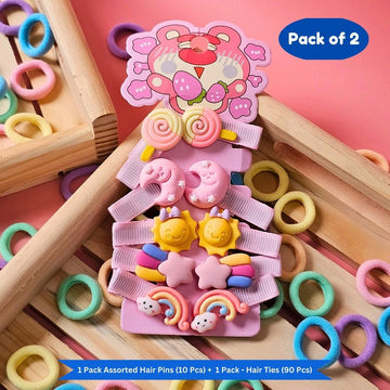 Pastel Mini Hair Ties with Teddy Flower Rainbow Cartoon hair Clip set (Pack of 2, Multicolor)