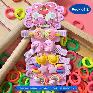 Neon Mini Hair Ties with Teddy Flower Rainbow Cartoon hair Clip set (Pack of 2, Multicolor)