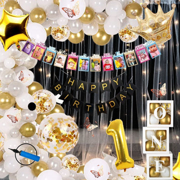 Premium Happy Birthday Combo KIT  Foil balloon Set for first 1st birthday White Gold Theme boy girl kids ( pack of 90 ,  white)