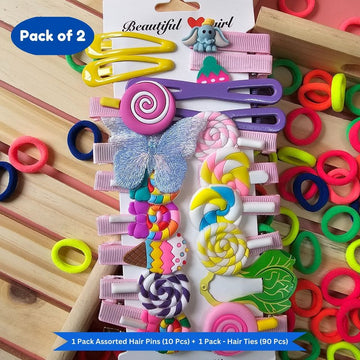 Neon Mini Hair Ties with Unicorn Rainbow Flower Cancy hair Clip Set (Pack of 2, Multicolor)