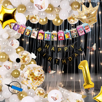 Premium Happy Birthday Foil balloon Set for first 1st birthday White Gold Theme boy girl kids ( pack of 89 ,  white)