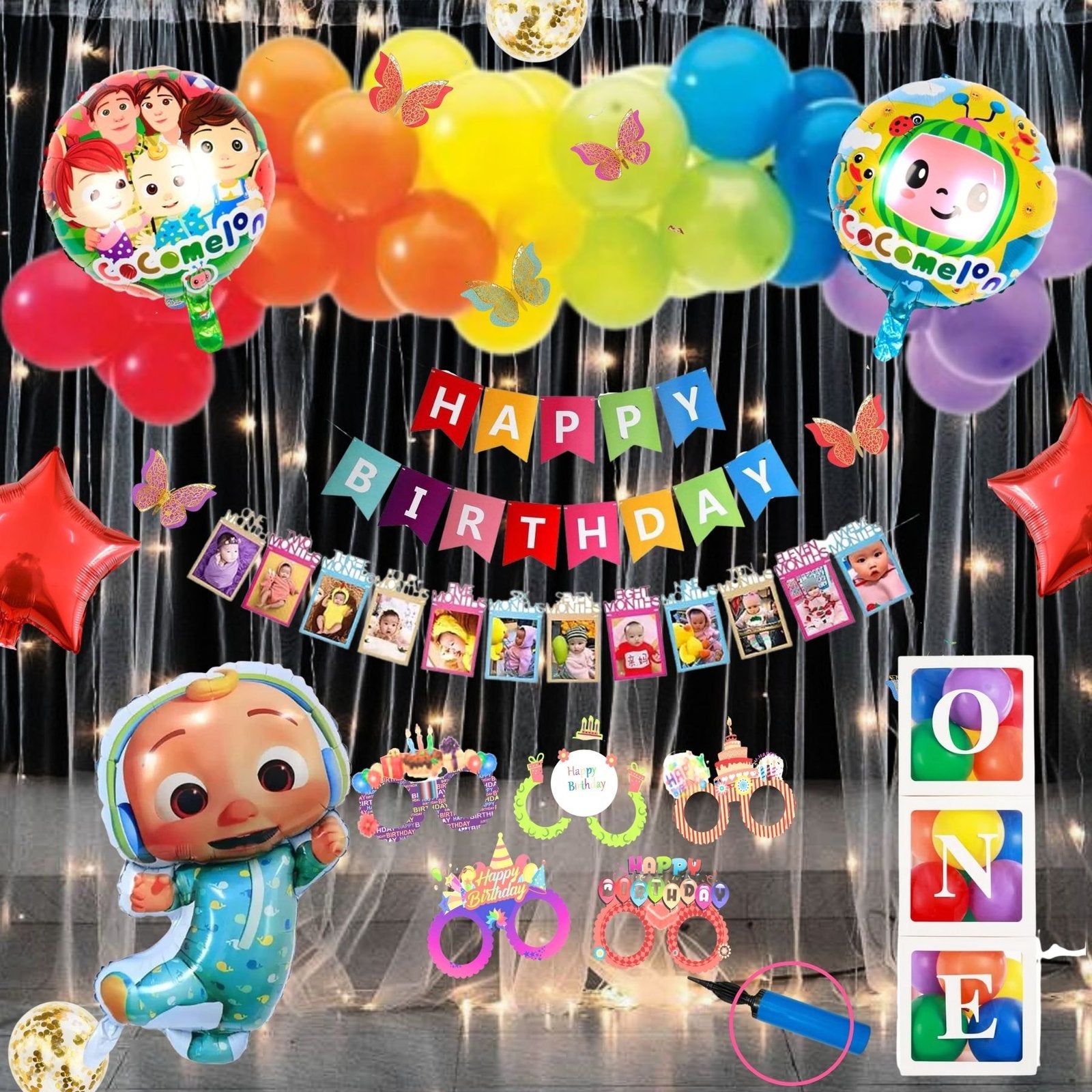 Premium Happy Birthday Combo KIT  Cocomelon Foil balloon Set for first 1st birthday Theme boy girls kids ( pack of 88 ,  Multicolor)