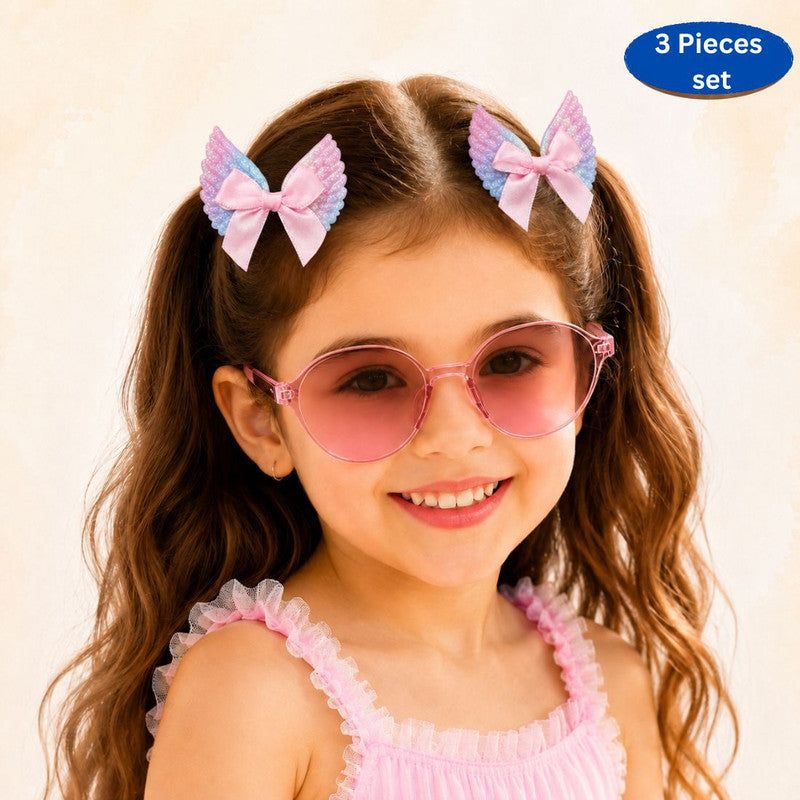 Set of 3 Bow Detailed Hair Clips With Sunglasses - Pink