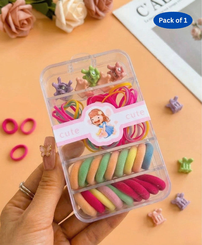 Flower Hair Clips With Rubber Bands Combo Set - Multi Colour