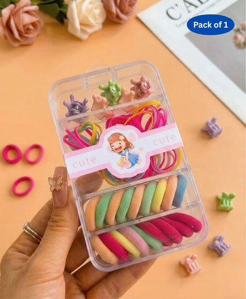 Flower Hair Clips With Rubber Bands Combo Set - Multi Colour