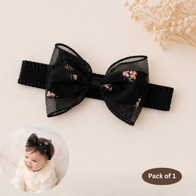 Bow Detailed Floral Designed Headband - Black