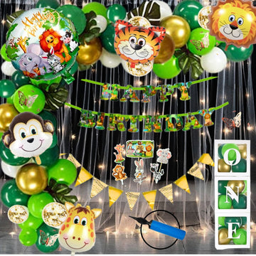 Premium Happy Birthday Combo KIT  Foil balloon Set Jungle Theme for first 1st birthday boy kids girl ( pack of 85,  Multicolor)