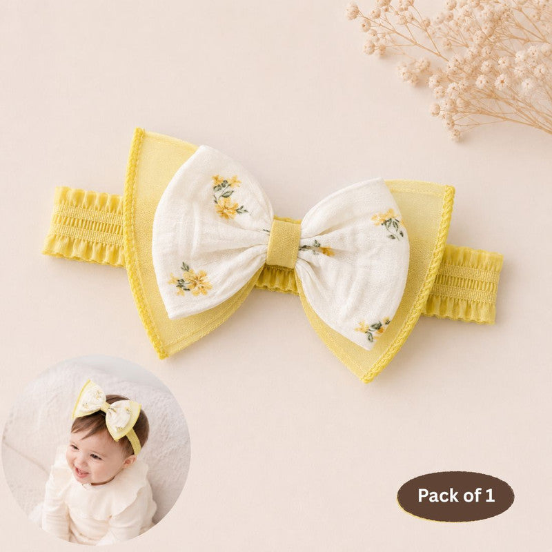 Bow Detailed Floral Designed Headband - Yellow