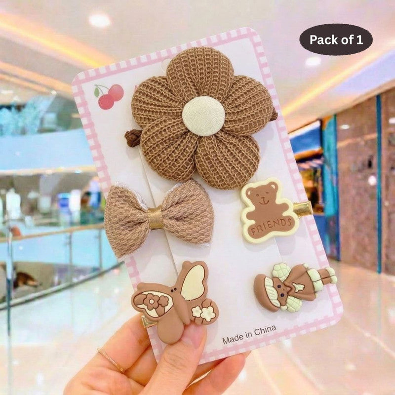 Bow Flower Teddy Design Hair Accessories set- Brown