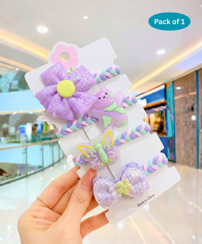 Bow Flower Teddy Design Hair Bands - Purple