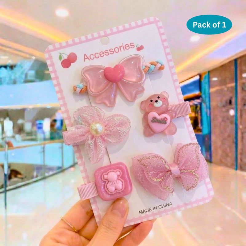 Bow Flower Teddy Design Hair Accessories set- Pink