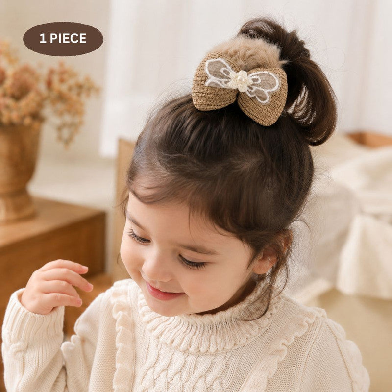 Bow detailed Fluffy Hair Scrunchy - Brown