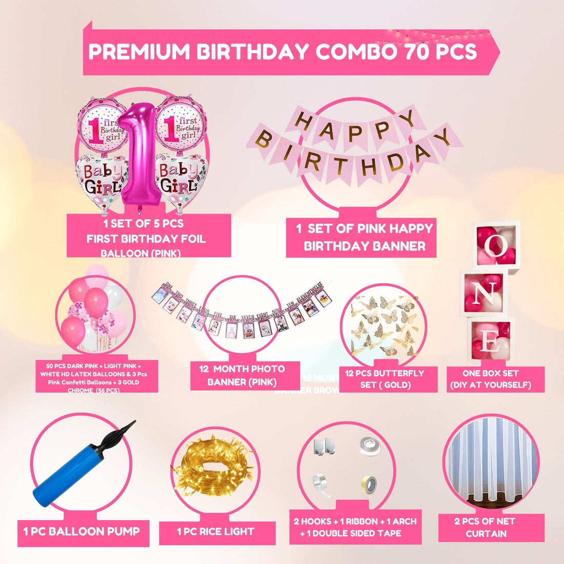 Premium Happy Birthday Combo KIT  Foil balloon Set for first 1st birthday Theme girl kids ( pack of 70,  Multicolor)