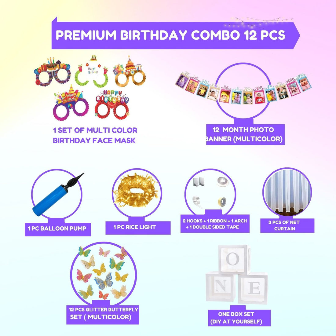 Premium Happy Birthday Combo KIT  Set for first 1st birthday Theme girls Boys kids ( pack of 12 ,  Multicolor)