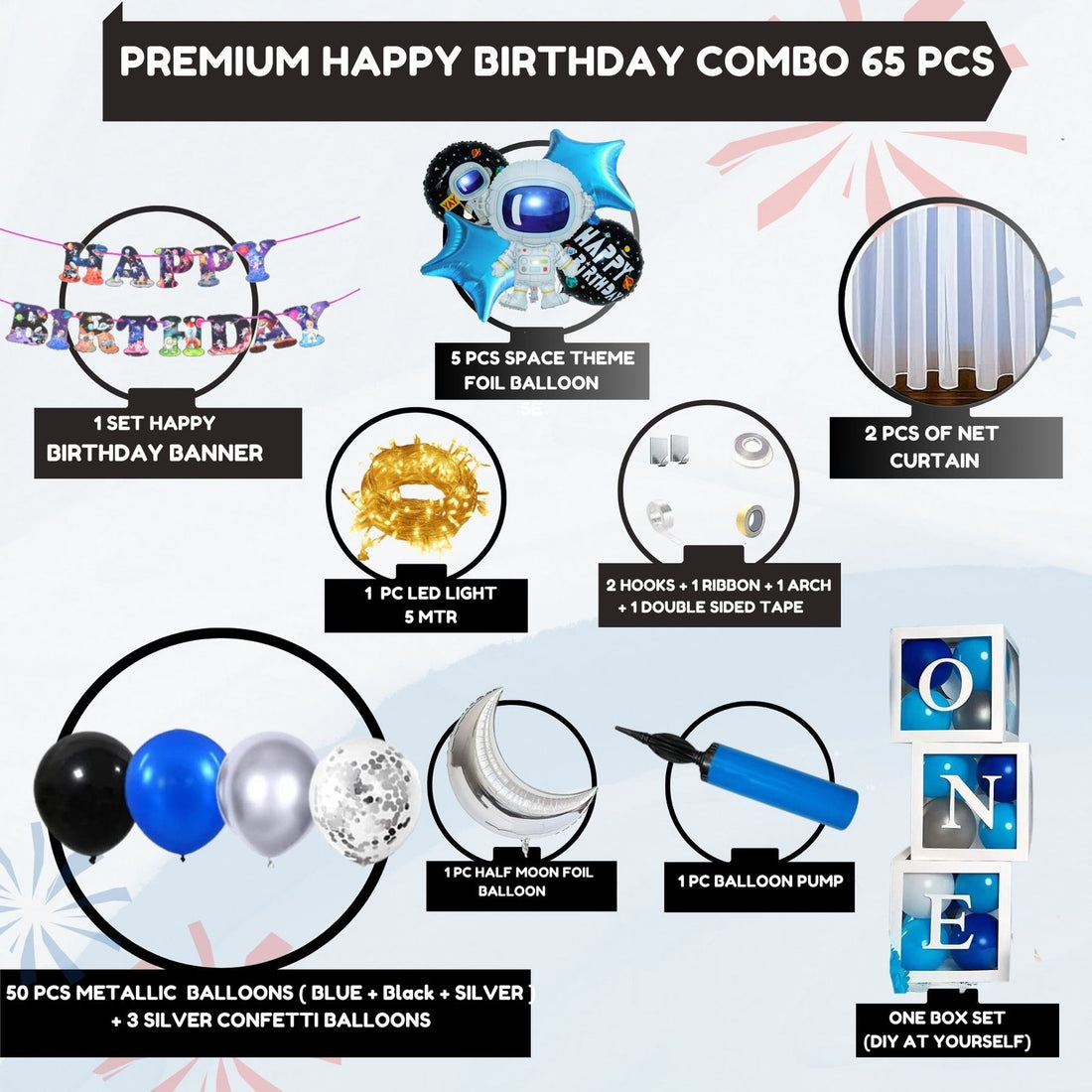 Premium Happy Birthday Combo KIT  Space Foil balloon Set for first 1st birthday Theme boy kids ( pack of 65 ,  Multicolor)
