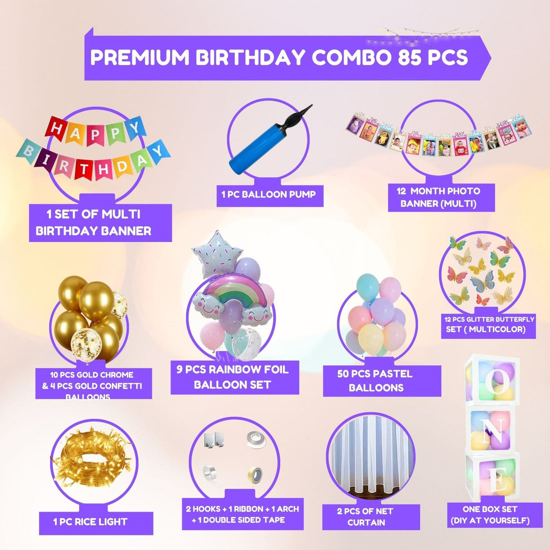 Premium Happy Birthday Combo KIT  Rainbow Foil balloon Set for first 1st birthday Theme girl kids ( pack of 85,  Multicolor)