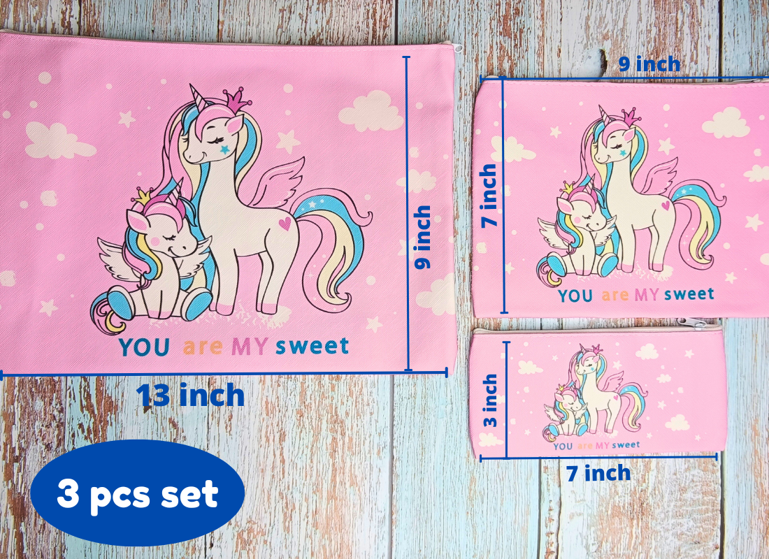 Unicorn Multipurpose Travel Organizer stationery accessories Storage pouches (Pack of 3, Random color)