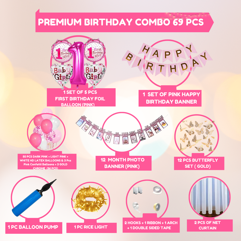 Premium Happy Birthday Foil balloon Set for first 1st birthday Theme girl kids ( pack of 69,  Multicolor)