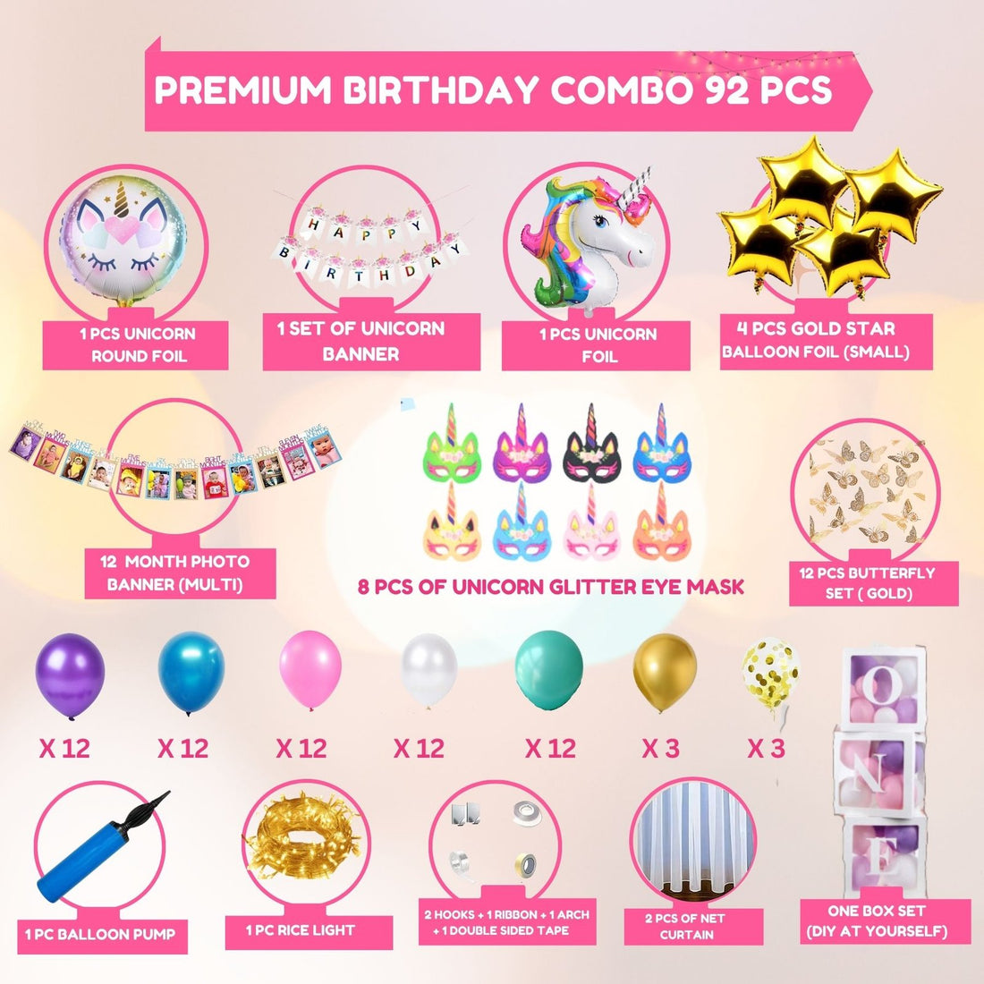 Premium Happy Birthday Combo KIT  Foil balloon Set for first 1st birthday Unicorn Theme girl kids ( pack of 92,  Multicolor)