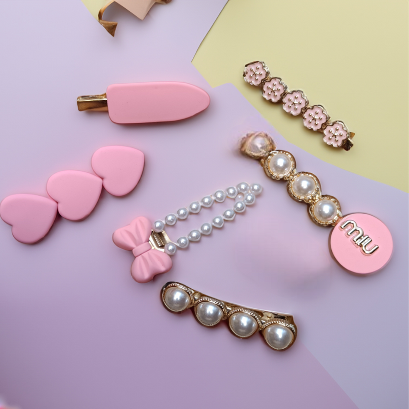 Set of Partywear Embellished Hair Clips for girls (Pack of 1,Random Design in pink theme)