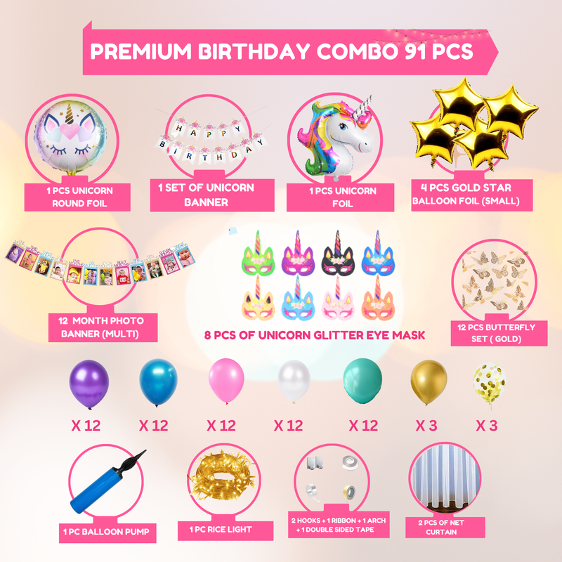 Premium Happy Birthday Foil balloon Set for first 1st birthday Unicorn Theme girl kids ( pack of 91,  Multicolor)