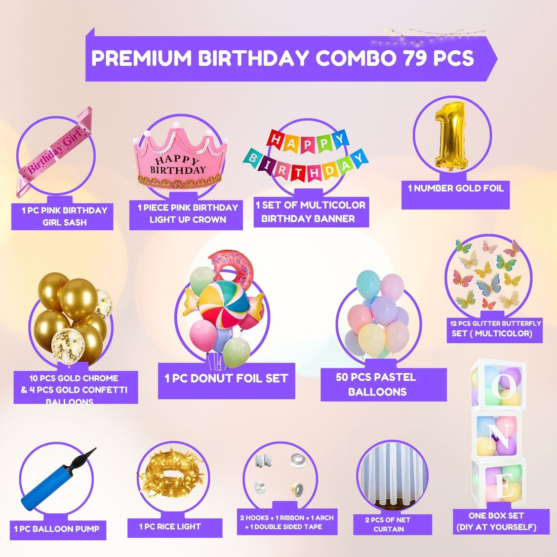 Premium Happy Birthday Combo KIT  Donut Foil balloon Set for first 1st birthday Theme girl kids ( pack of 79 ,  Multicolor)