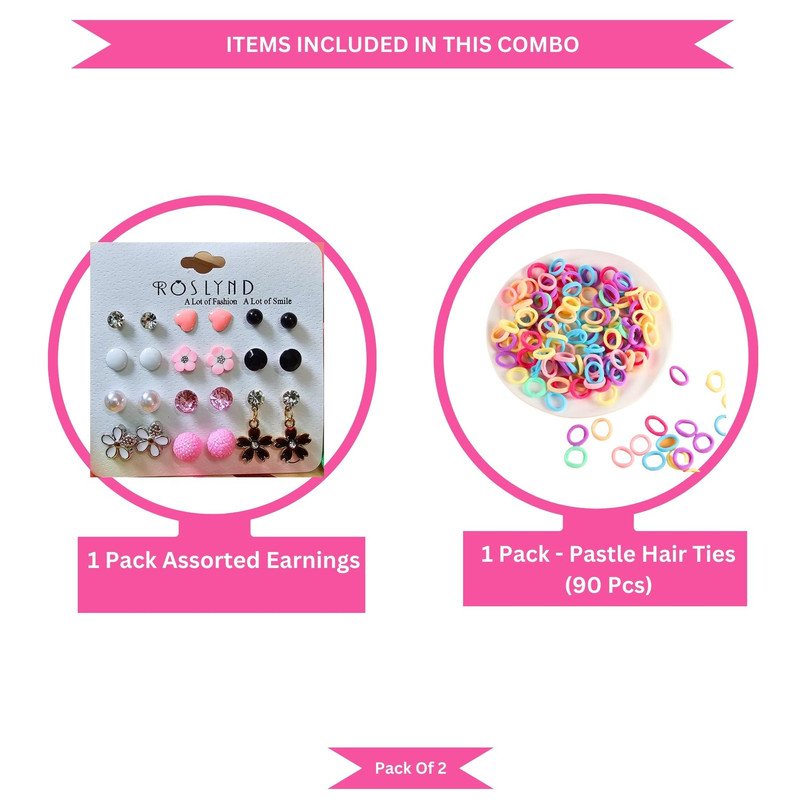 Pastel Mini Hair Ties with Elegant Earings set (Pack of 2, Multicolor)