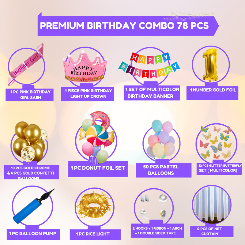 Premium Happy Birthday Donut Foil balloon Set for first 1st birthday Theme girl kids ( pack of 78 ,  Multicolor)