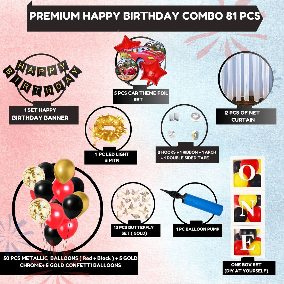 Premium Happy Birthday Combo KIT  Car Foil balloon Set for first 1st birthday Theme boy kids ( pack of 81 ,  Multicolor)
