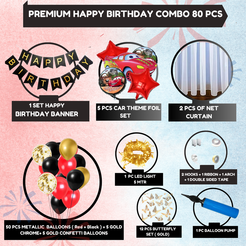 Premium Happy Birthday Car Foil balloon Set for first 1st birthday Theme boy kids ( pack of 82 ,  Multicolor)