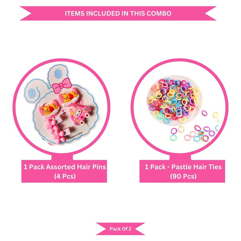 Pastel Mini Hair Ties with Teddy Flower Rainbow Cartoon hair Clip set (Pack of 2, Multicolor)