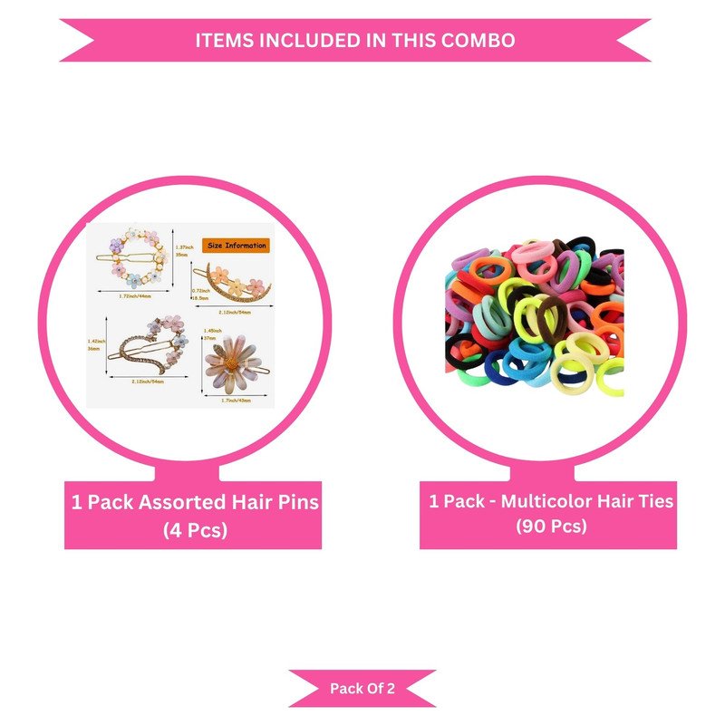 Neon Mini Hair Ties with Embellised hair Pin and clip set (Pack of 2, Multicolor)