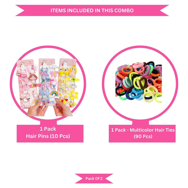 Neon Mini Hair Ties with Teddy Flower Rainbow Cartoon hair Clip set (Pack of 2, Multicolor)