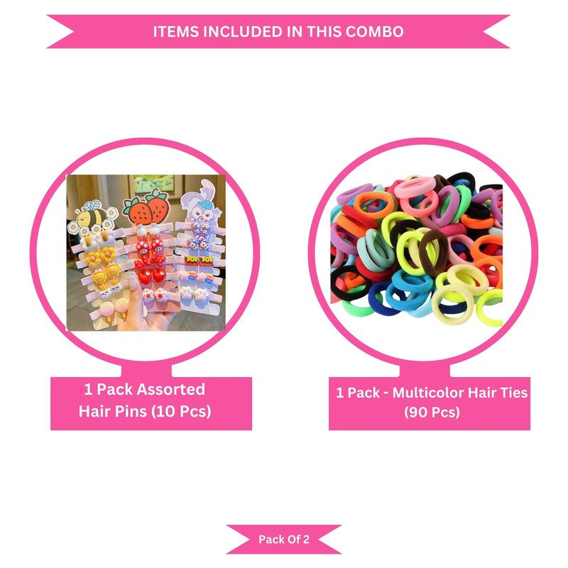 Neon Mini Hair Ties with Teddy Flower Rainbow Cartoon hair Clip set (Pack of 2, Multicolor)