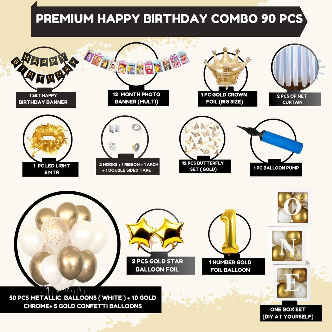 Premium Happy Birthday Combo KIT  Foil balloon Set for first 1st birthday White Gold Theme boy girl kids ( pack of 90 ,  white)
